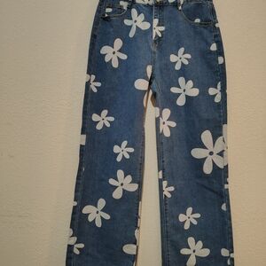 Boho Hippie Flower Child High-Rise Light Wash Denim Floral Jeans Women's 30